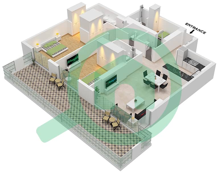 Блувотерс Бей - Апартамент 2 Cпальни планировка Тип/мера 1 GARDEN / UNIT 3 Type 1 Garden Unit 3 Floor 1 interactive3D