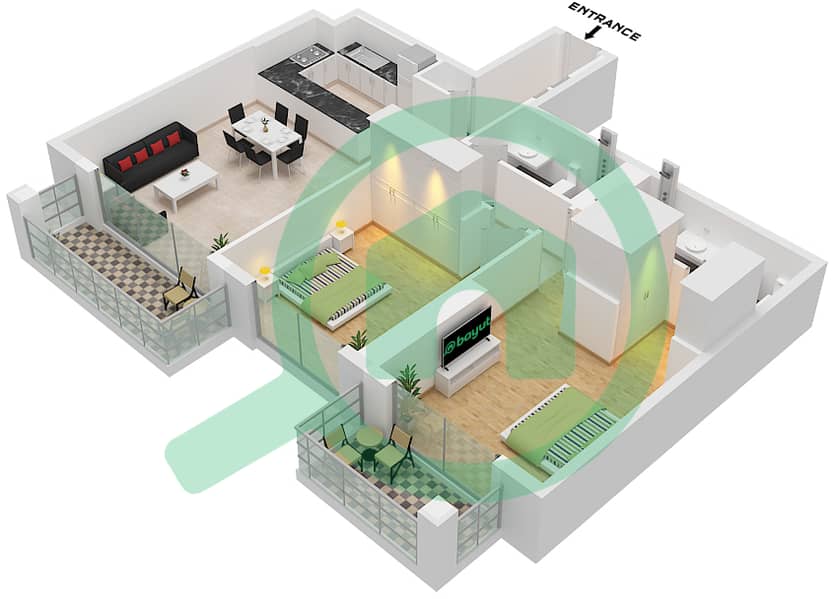 Блувотерс Бей - Апартамент 2 Cпальни планировка Тип/мера 2 / UNIT 4 Type 2 Unit 4 Floor 2-17,20-40 interactive3D