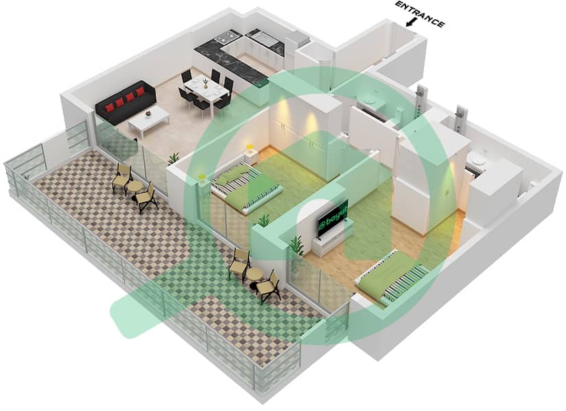 Блувотерс Бей - Апартамент 2 Cпальни планировка Тип/мера 2 GARDEN / UNIT 4 Type 2 Garden Unit 4 Floor 1 interactive3D