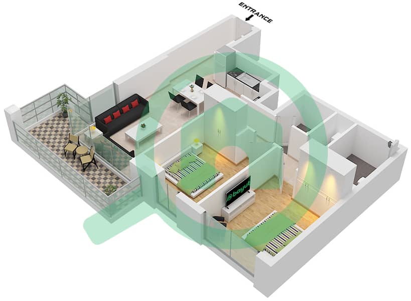 Блувотерс Бей - Апартамент 2 Cпальни планировка Тип/мера 4 / UNIT 2 Type 4 Unit 2 Floor 1-17,20-40 Podium 2-3 interactive3D
