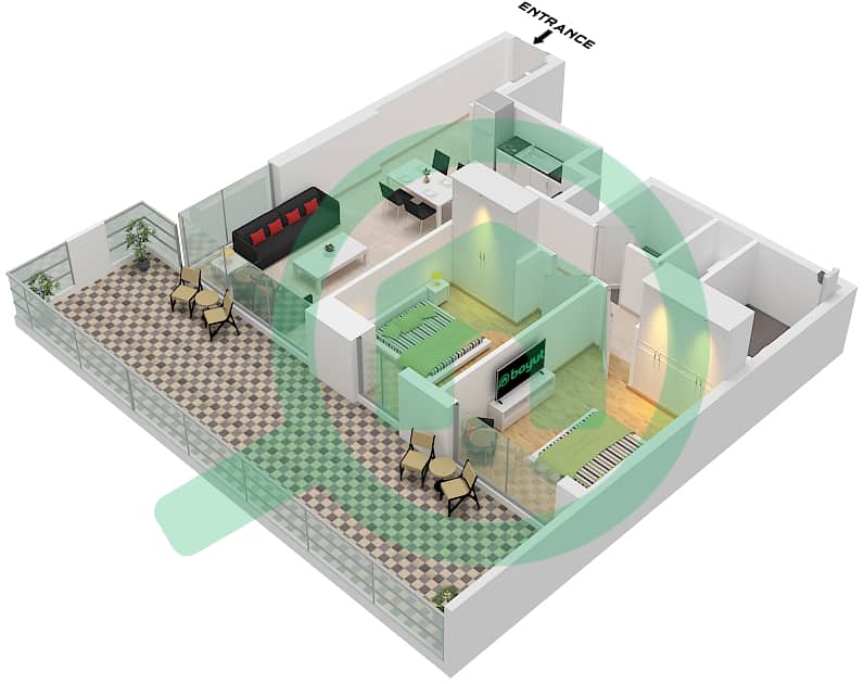 Блувотерс Бей - Апартамент 2 Cпальни планировка Тип/мера 4 PROMENADE / UNIT 2 Type 4 Promenade Unit 2 Podium 1 interactive3D