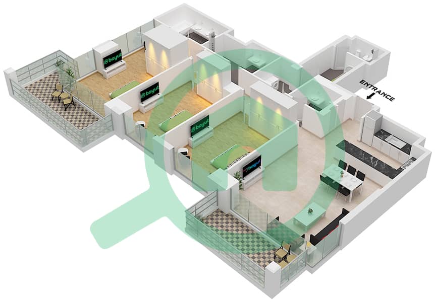 Блувотерс Бей - Апартамент 3 Cпальни планировка Тип/мера 1 / UNIT 6 Type 1 Unit 6 Floor 2-17,20-36 interactive3D