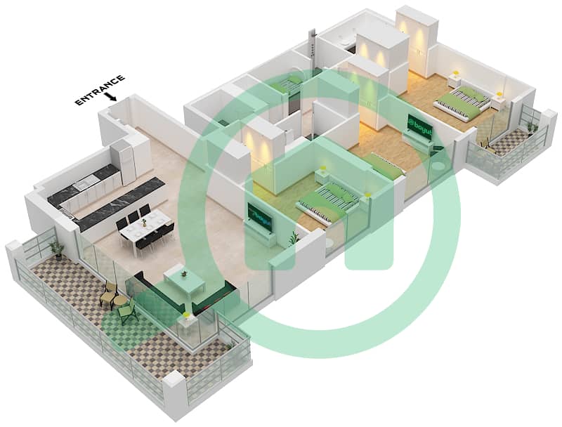 Блувотерс Бей - Апартамент 3 Cпальни планировка Тип/мера 2 / UNIT 5 Type 2 Unit 5 Floor 2-17,20-40 interactive3D