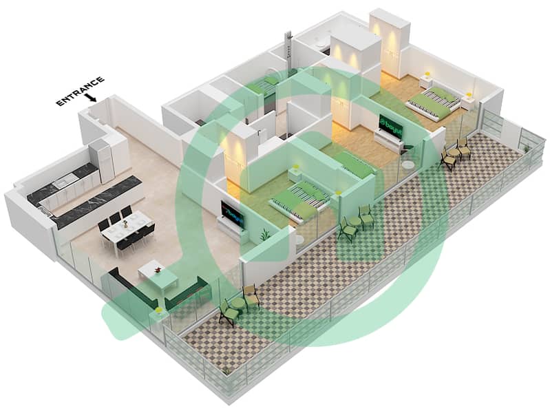 Блувотерс Бей - Апартамент 3 Cпальни планировка Тип/мера 2 GARDEN / UNIT 5 Type 2 Garden Unit 5 Floor 1 interactive3D