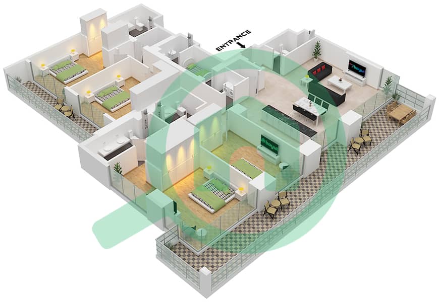Блувотерс Бей - Апартамент 4 Cпальни планировка Тип/мера 1 / UNIT 6 Type 1 Unit 6 Floor 37-38 interactive3D