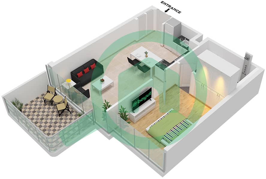 المخططات الطابقية لتصميم النموذج / الوحدة B/UNIT 1 FLOOR 7-24,26-51 شقة 1 غرفة نوم - نوتيكا 2 Type B Unit 1 Floor 7-24,26-51 interactive3D