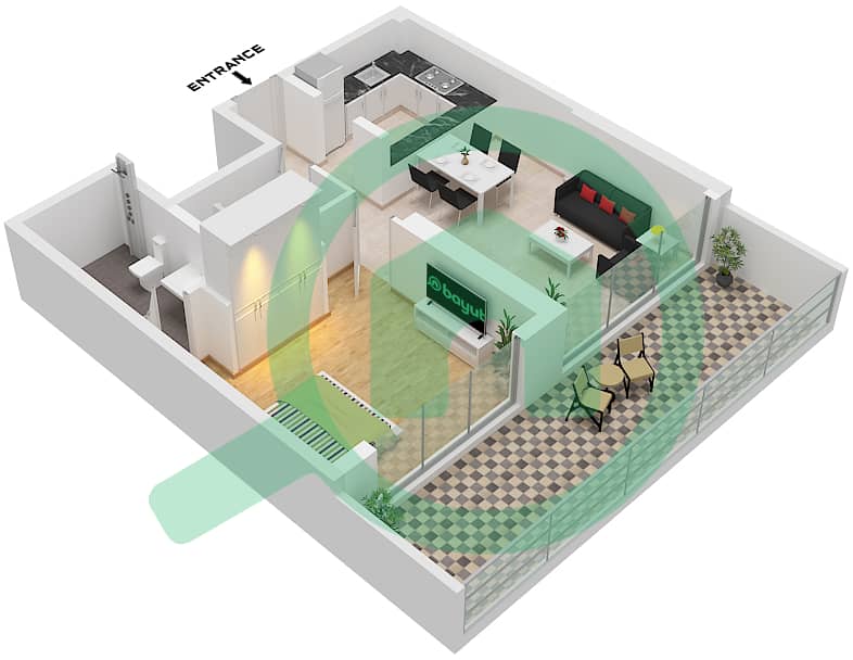 المخططات الطابقية لتصميم الوحدة 02 FLOOR 1-10 شقة 1 غرفة نوم - آرك ريزيدنس Unit 02 Floor 1-10 interactive3D
