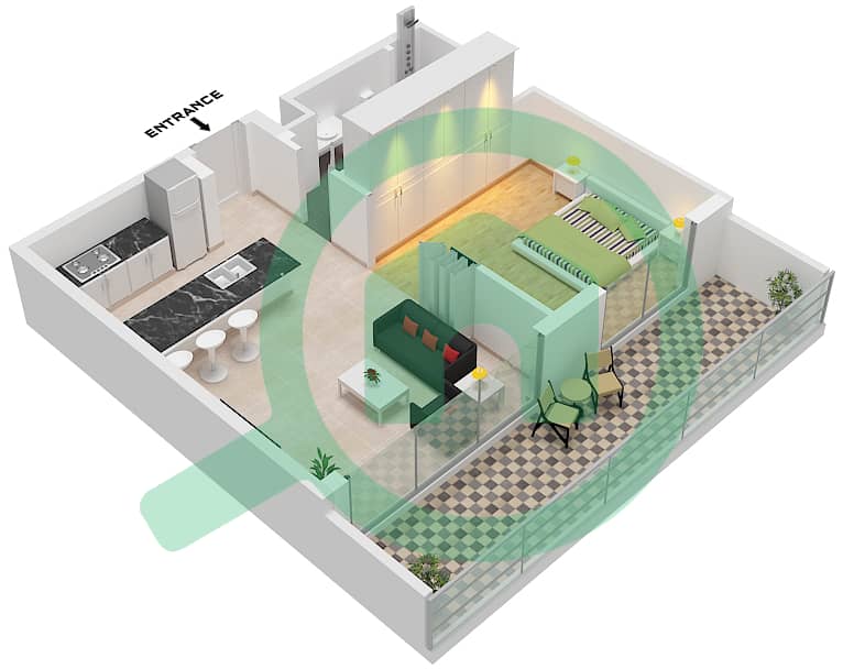 凯宾斯基溪畔公寓 - 1 卧室公寓类型LOFT A FLOOR 1-12戶型图 Type Loft A Floor 1-12 interactive3D