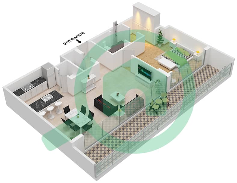 凯宾斯基溪畔公寓 - 1 卧室公寓类型C FLOOR 1-12戶型图 Type C Floor 1-12 interactive3D