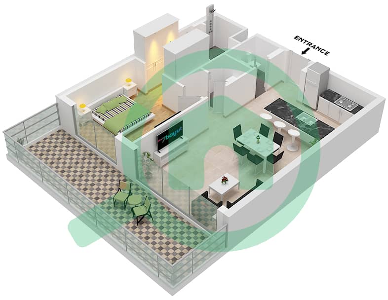 凯宾斯基溪畔公寓 - 1 卧室公寓类型D FLOOR 2-5戶型图 Type D Floor 2-5 interactive3D