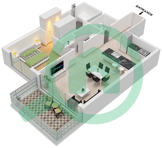 凯宾斯基溪畔公寓 - 1 卧室公寓类型E FLOOR 2-11戶型图 Type E Floor 2-11 interactive3D