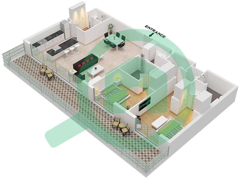المخططات الطابقية لتصميم النموذج D FLOOR 2-9 شقة 2 غرفة نوم - كمبينسكي ريزيدنس ذا كريك Type D Floor 2-9 interactive3D