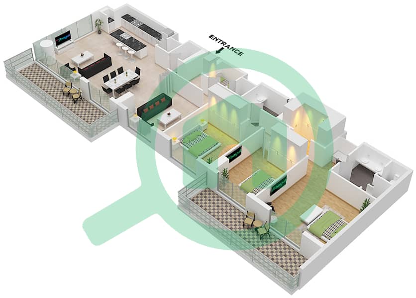 凯宾斯基溪畔公寓 - 3 卧室公寓类型B FLOOR 2,4,6,8,10,1戶型图 Type B Floor 2,4,6,8,10,12,Upper interactive3D