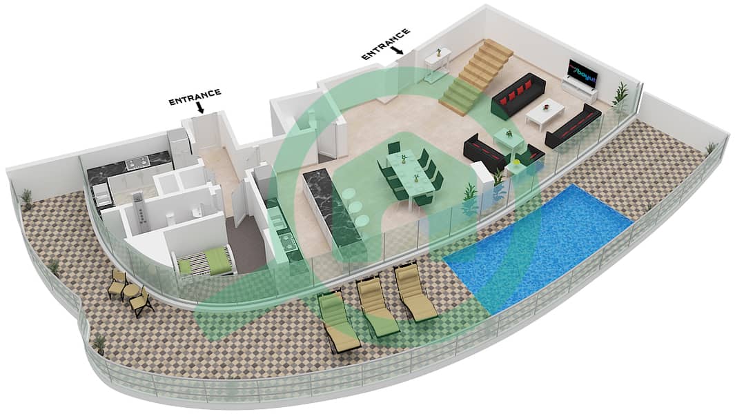 Canal Crown - 3 Bedroom Apartment Type A1-M FLOOR 36,37 Floor plan Type A1-M Lower Floor 36 interactive3D