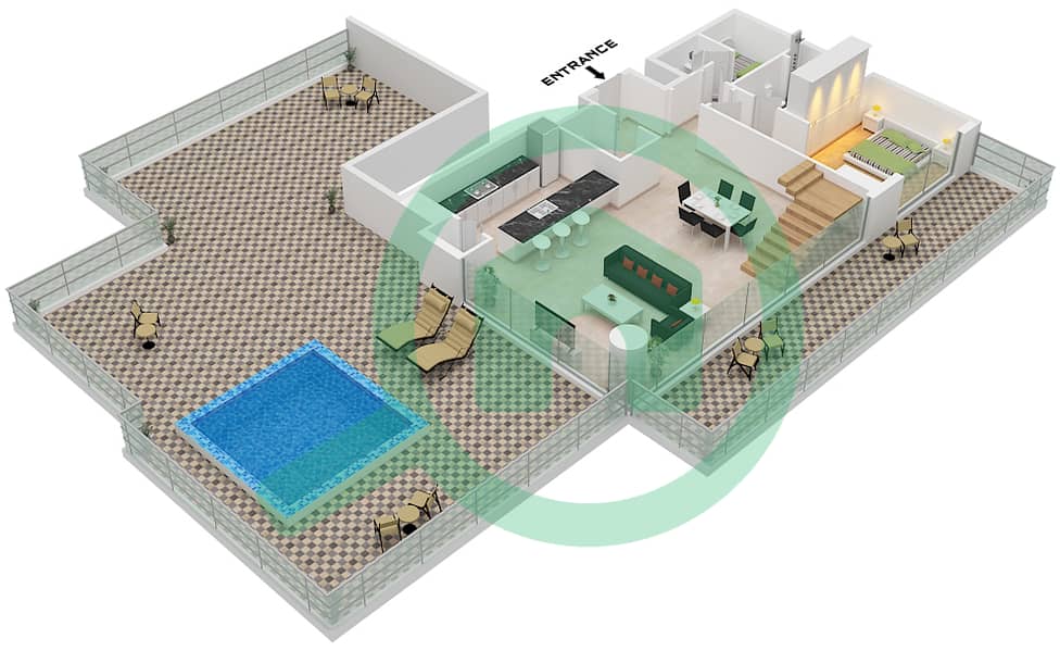 凯宾斯基溪畔公寓 - 3 卧室公寓类型B FLOOR 6,7戶型图 Type B Floor 6,Lower interactive3D