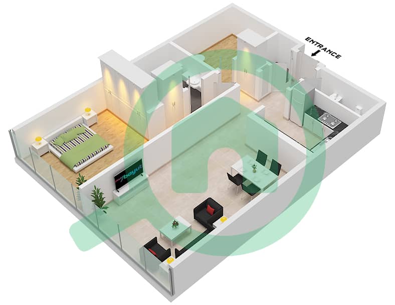 المخططات الطابقية لتصميم النموذج A شقة 1 غرفة نوم - مساكن لمار Type A interactive3D