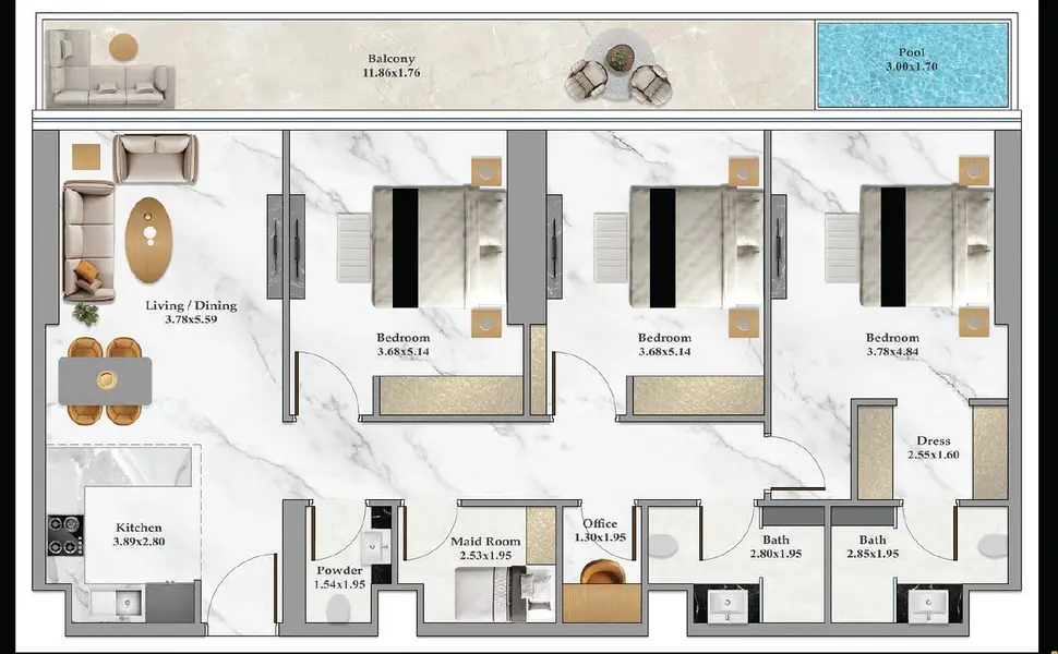 3 BR floor plan