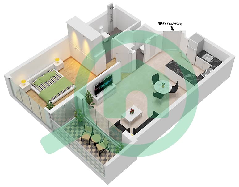 المخططات الطابقية لتصميم النموذج 1BR-B FLOOR 2-24 شقة 1 غرفة نوم - ريغاليا من ديار Type 1BR-B Floor 2-24 interactive3D