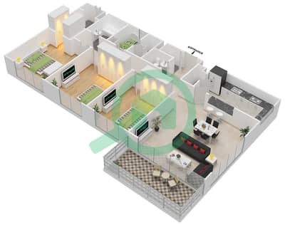 المخططات الطابقية لتصميم النموذج T شقة 3 غرف نوم - برج بانوراما 3