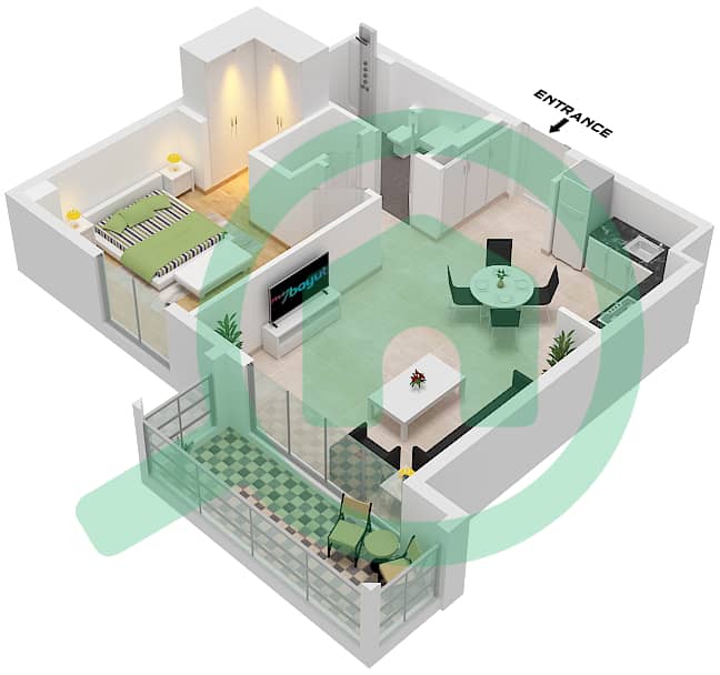 溪滩雪松 3 号楼 - 1 卧室公寓单位5 FLOOR 1戶型图 Unit 5 Floor 1 interactive3D