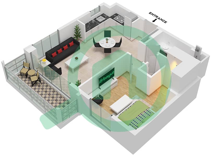溪滩雪松 3 号楼 - 1 卧室公寓单位6 FLOOR 1戶型图 Unit 6 Floor 1 interactive3D