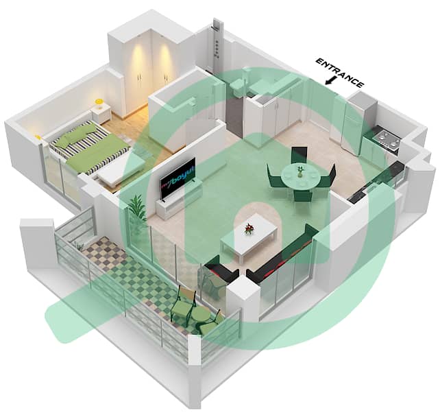 溪滩雪松 3 号楼 - 1 卧室公寓单位6 FLOOR 2-9戶型图 Unit 6 Floor 2-9 interactive3D