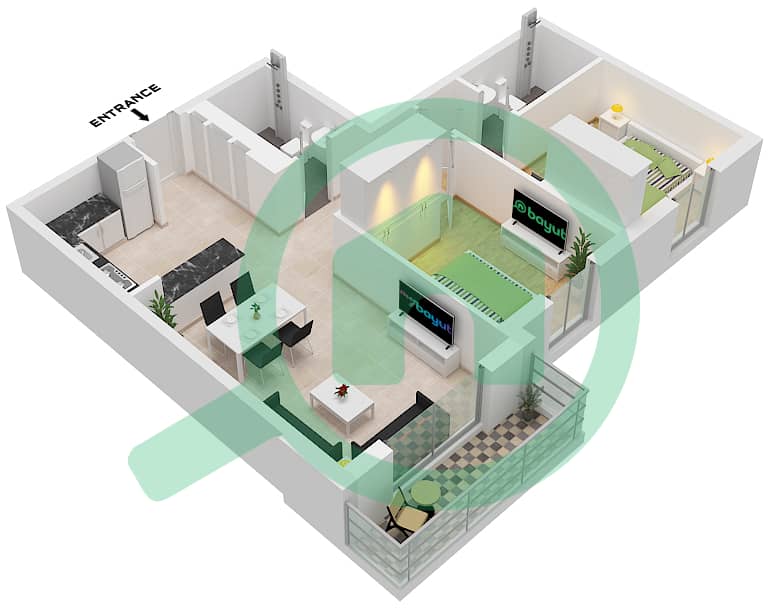 المخططات الطابقية لتصميم النموذج C شقة 2 غرفة نوم - ريمان ليفينج Type C interactive3D