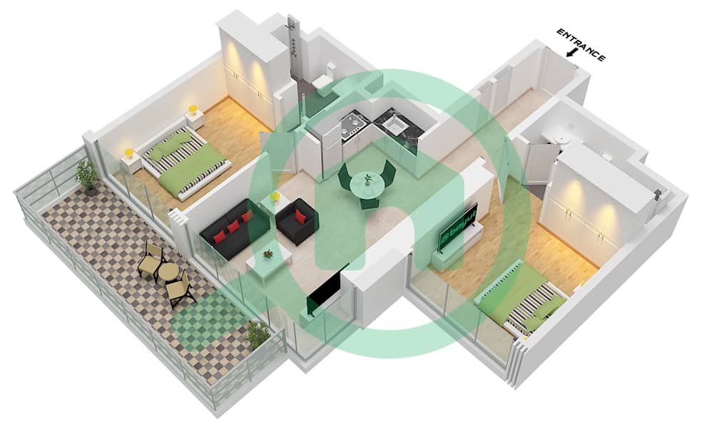 天涯大厦A座 - 2 卧室公寓类型／单位B / UNIT 14 FLOOR 18,35戶型图 Type B Unit 14 Floor 18,35 interactive3D