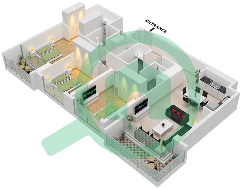 溪流2号大楼 - 3 卧室公寓单位02 FLOOR 39-50戶型图 Unit 02 Floor 39-50 interactive3D