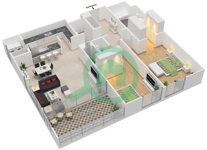 المخططات الطابقية لتصميم الوحدة 01-03 شقة 2 غرفة نوم - A2