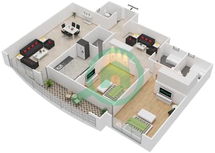 المخططات الطابقية لتصميم الوحدة 2 شقة 2 غرفة نوم - برج الأنوار