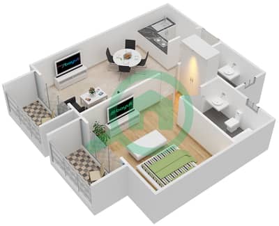 المخططات الطابقية لتصميم النموذج A-D شقة 1 غرفة نوم - الفلك ريزيدينس