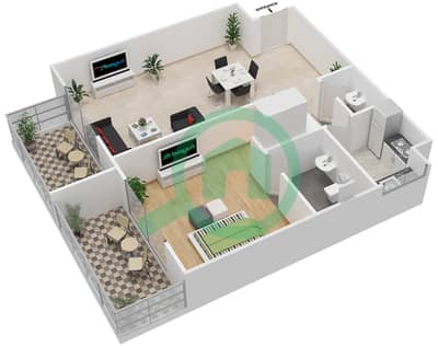 المخططات الطابقية لتصميم النموذج 3 شقة 1 غرفة نوم - الحسين ريزيدنس