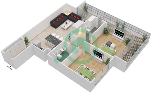 المخططات الطابقية لتصميم النموذج 1 شقة 2 غرفة نوم - الحسين ريزيدنس