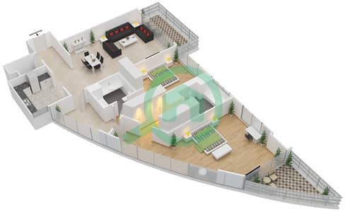 المخططات الطابقية لتصميم النموذج B شقة 2 غرفة نوم - برج المرجان