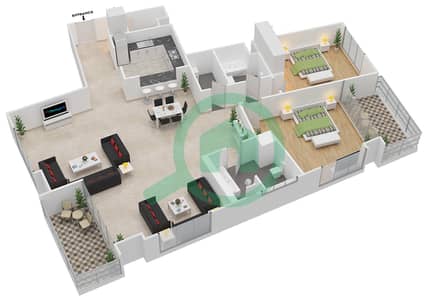 المخططات الطابقية لتصميم النموذج C شقة 2 غرفة نوم - برج المرجان