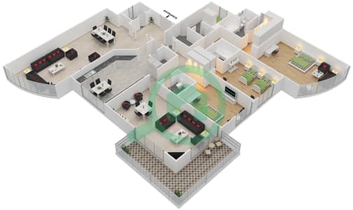 المخططات الطابقية لتصميم النموذج D شقة 3 غرف نوم - برج السيف