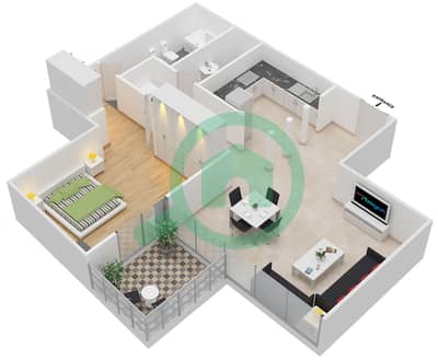 المخططات الطابقية لتصميم النموذج A / FLOOR 1 شقة 1 غرفة نوم - برج أري مارينا فيو