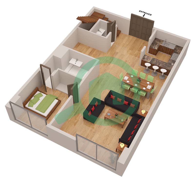 المخططات الطابقية لتصميم النموذج A DUPLEX فیلا 2 غرفة نوم - برج بوتانيكا Lower Floor image3D