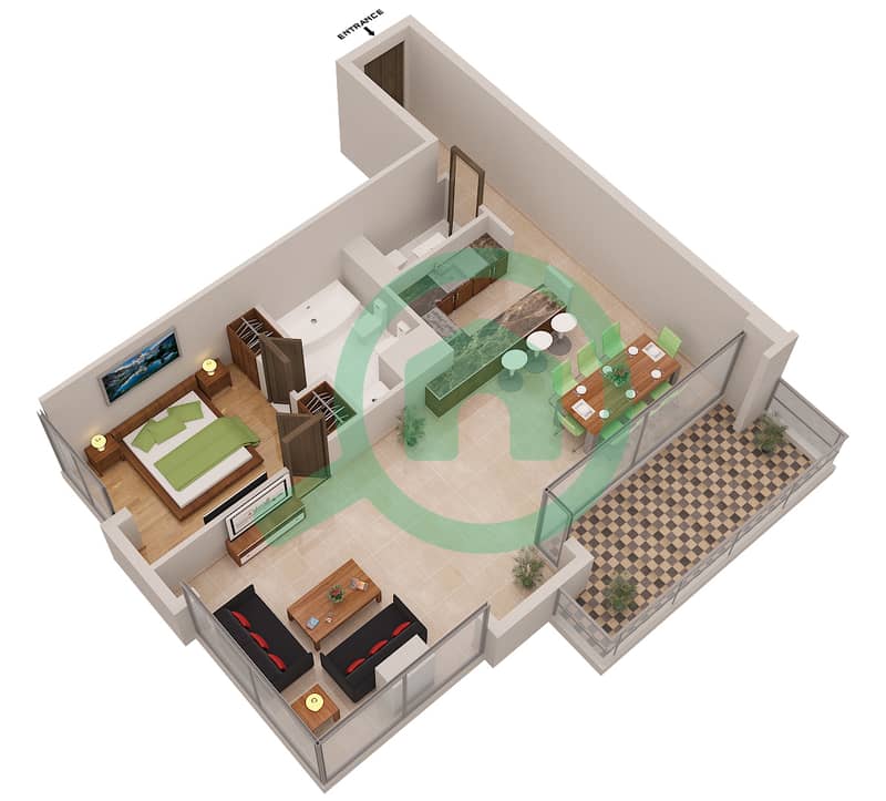 المخططات الطابقية لتصميم الوحدة LE ROYAL MERIDIEN 4 شقة 1 غرفة نوم - برج بوتانيكا image3D