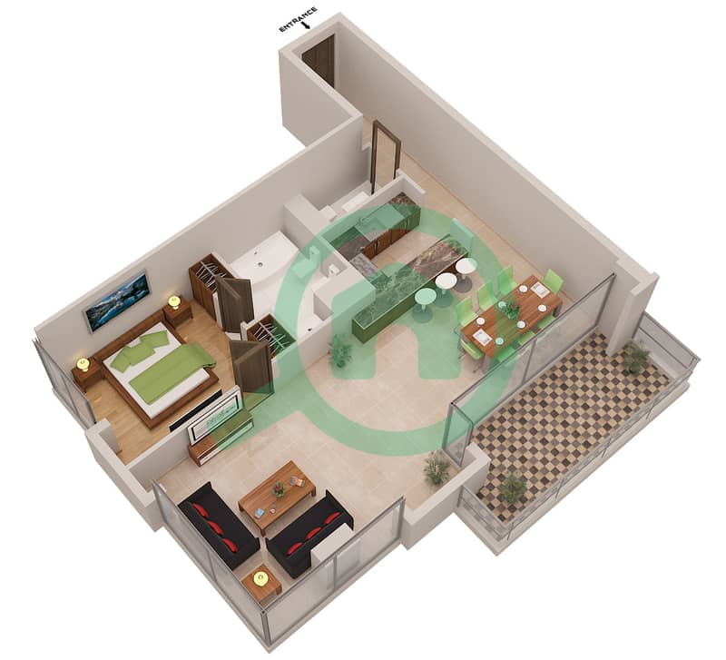 المخططات الطابقية لتصميم الوحدة LE ROYAL MERIDIEN 7 شقة 1 غرفة نوم - برج بوتانيكا image3D