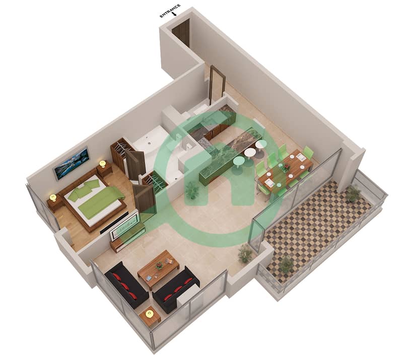 المخططات الطابقية لتصميم الوحدة LE ROYAL MERIDIEN 10 شقة 1 غرفة نوم - برج بوتانيكا image3D