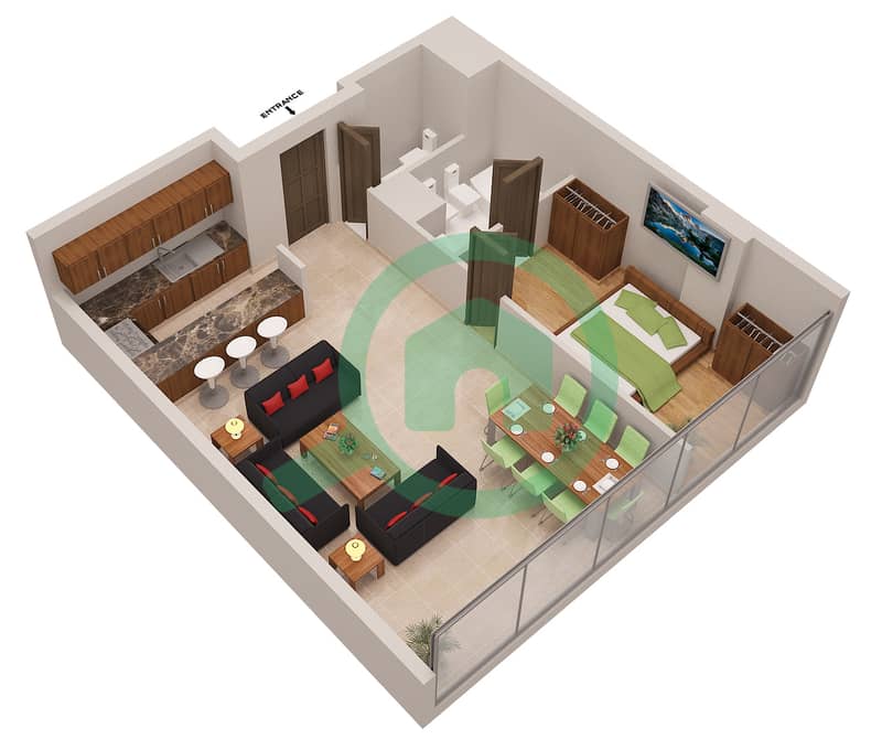 المخططات الطابقية لتصميم الوحدة LE ROYAL MERIDIEN 9 شقة 1 غرفة نوم - برج بوتانيكا image3D
