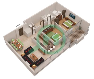 المخططات الطابقية لتصميم الوحدة LE ROYAL MERIDIEN 3 شقة 2 غرفة نوم - برج بوتانيكا