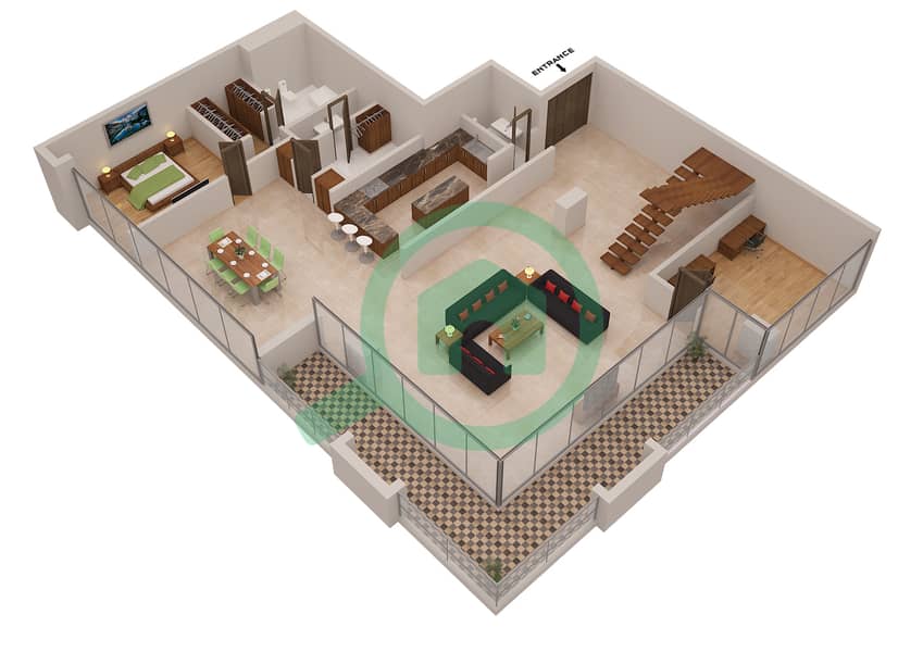 المخططات الطابقية لتصميم الوحدة LE ROYAL MERIDIEN 1 بنتهاوس 5 غرف نوم - برج بوتانيكا Lower Floor image3D