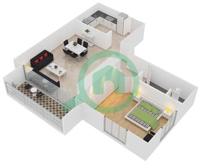 المخططات الطابقية لتصميم النموذج A شقة 1 غرفة نوم - برج تشرشل السكني