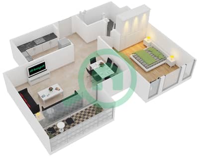 المخططات الطابقية لتصميم النموذج C شقة 1 غرفة نوم - برج تشرشل السكني