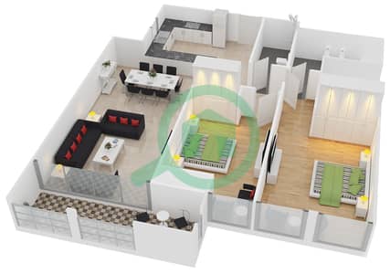 المخططات الطابقية لتصميم النموذج B شقة 2 غرفة نوم - برج تشرشل السكني
