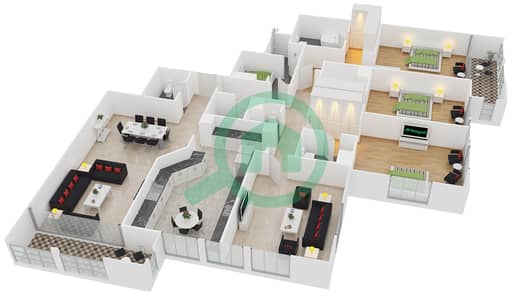 المخططات الطابقية لتصميم النموذج A شقة 3 غرف نوم - برج تشرشل السكني