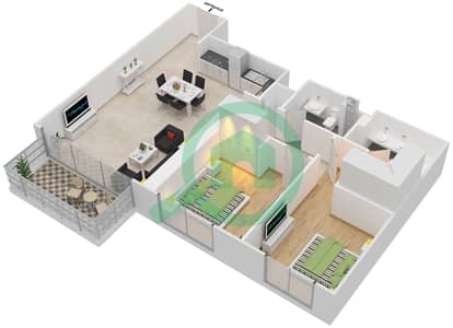 المخططات الطابقية لتصميم الوحدة 3 FLOOR 2-17 شقة 2 غرفة نوم - برج كريك هورايزون 1